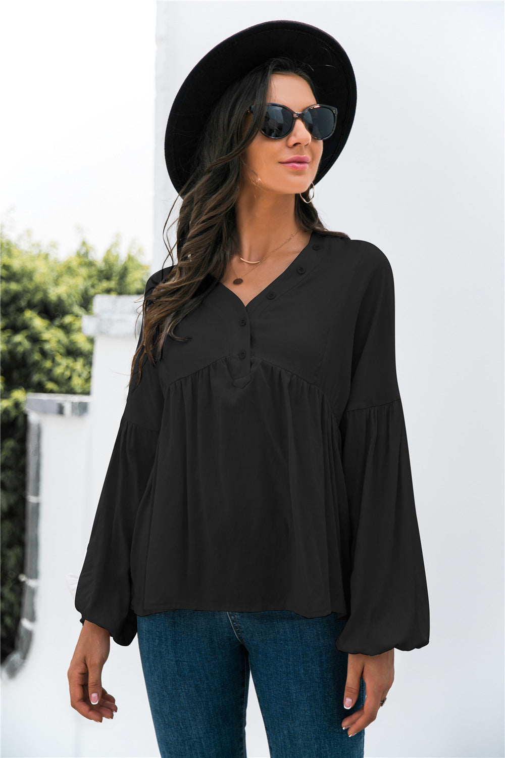 Button Detail Lantern Sleeve Peplum Top - Absolute Fashion 2020