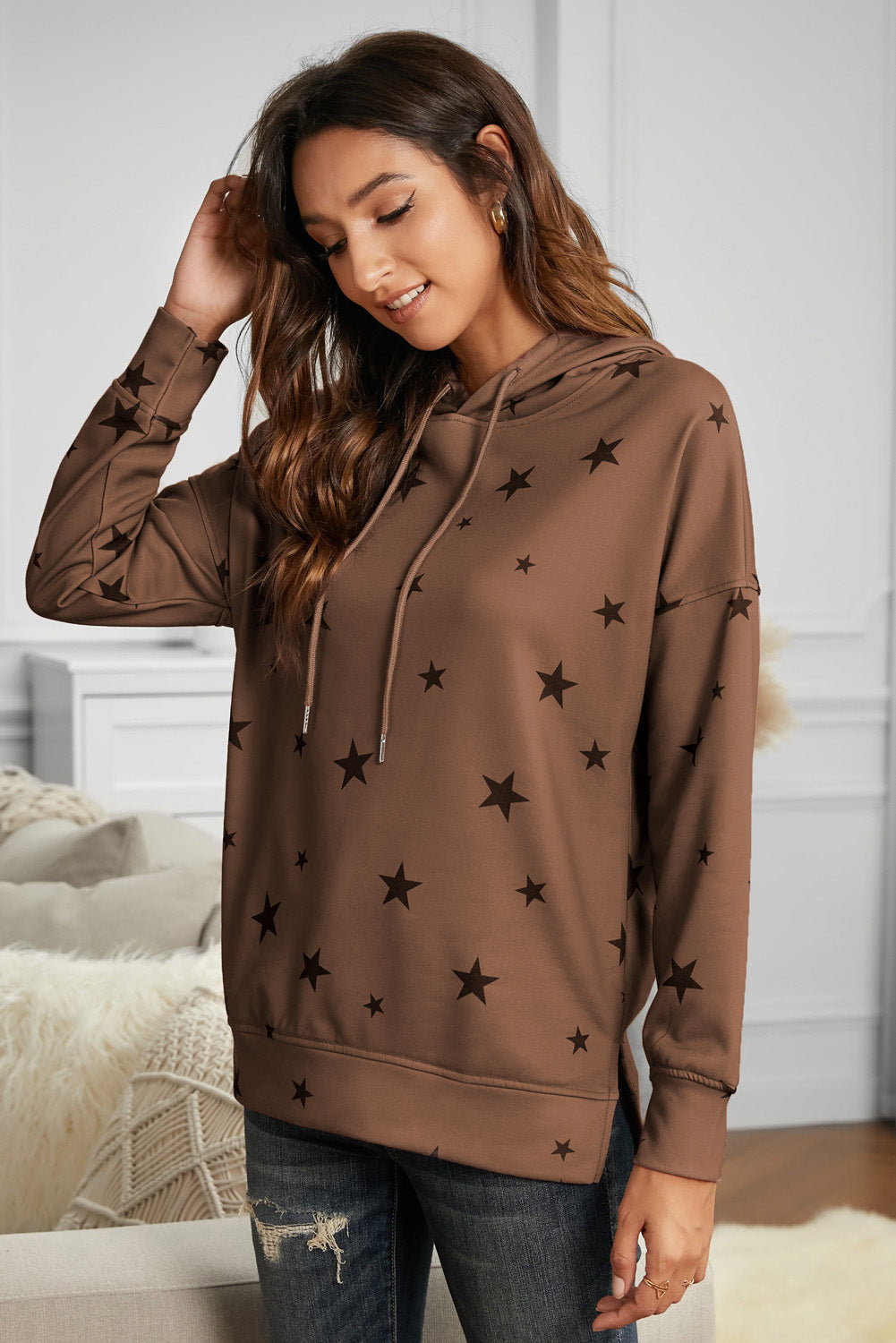 Star Print Long Sleeve Hoodie - Absolute Fashion 2020