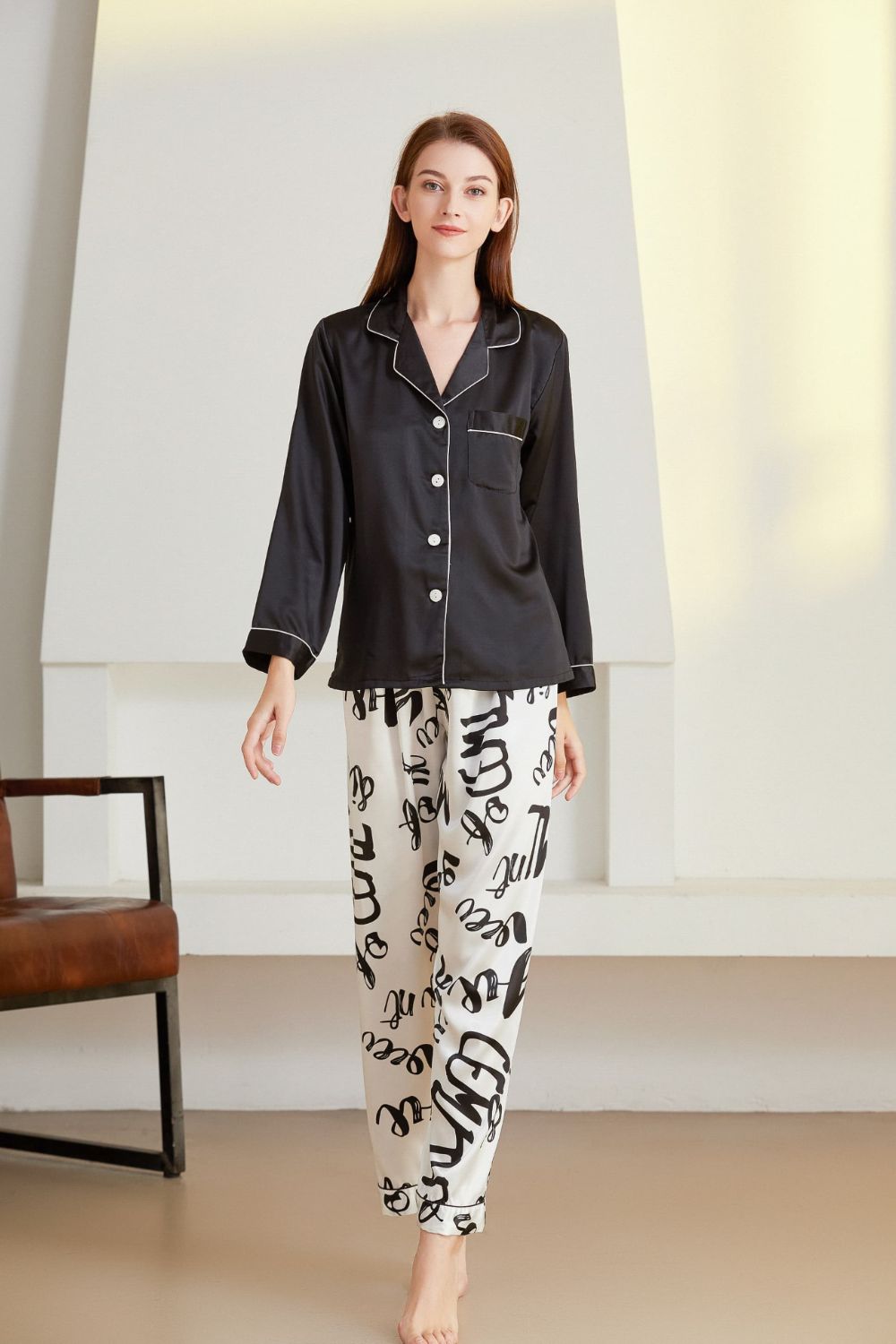 Satin Button-Up Lapel Collar Top and Pants Pajama Set