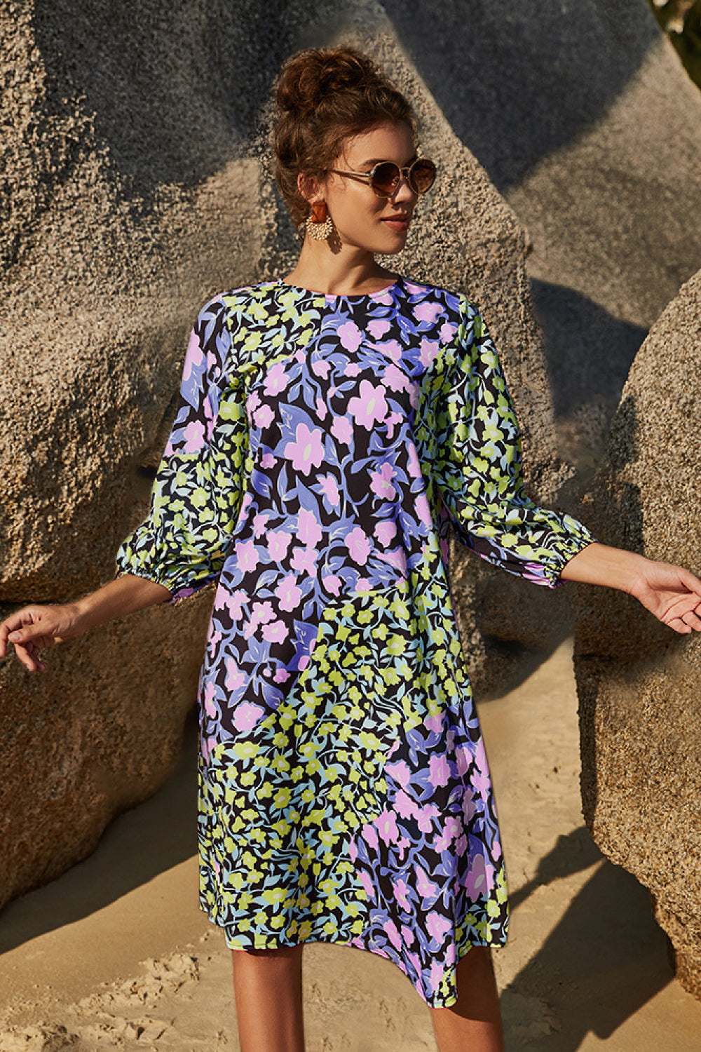 Floral Three Quarter Sleeve Dress - Absolute Fashion 2020