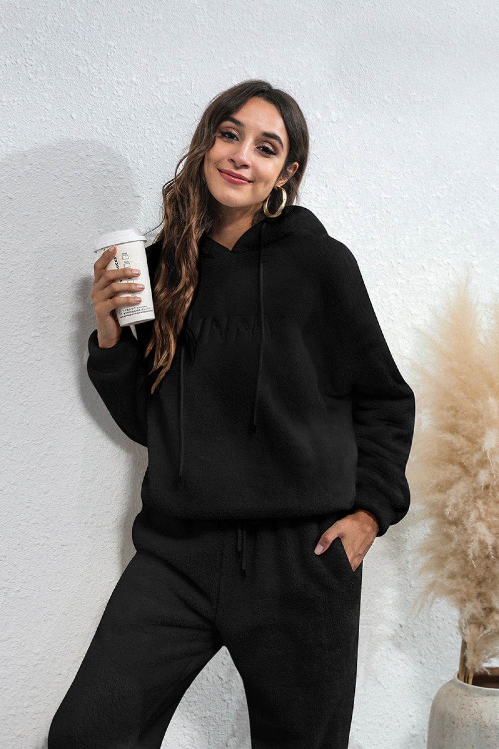 Drawstring Hooded Teddy Top