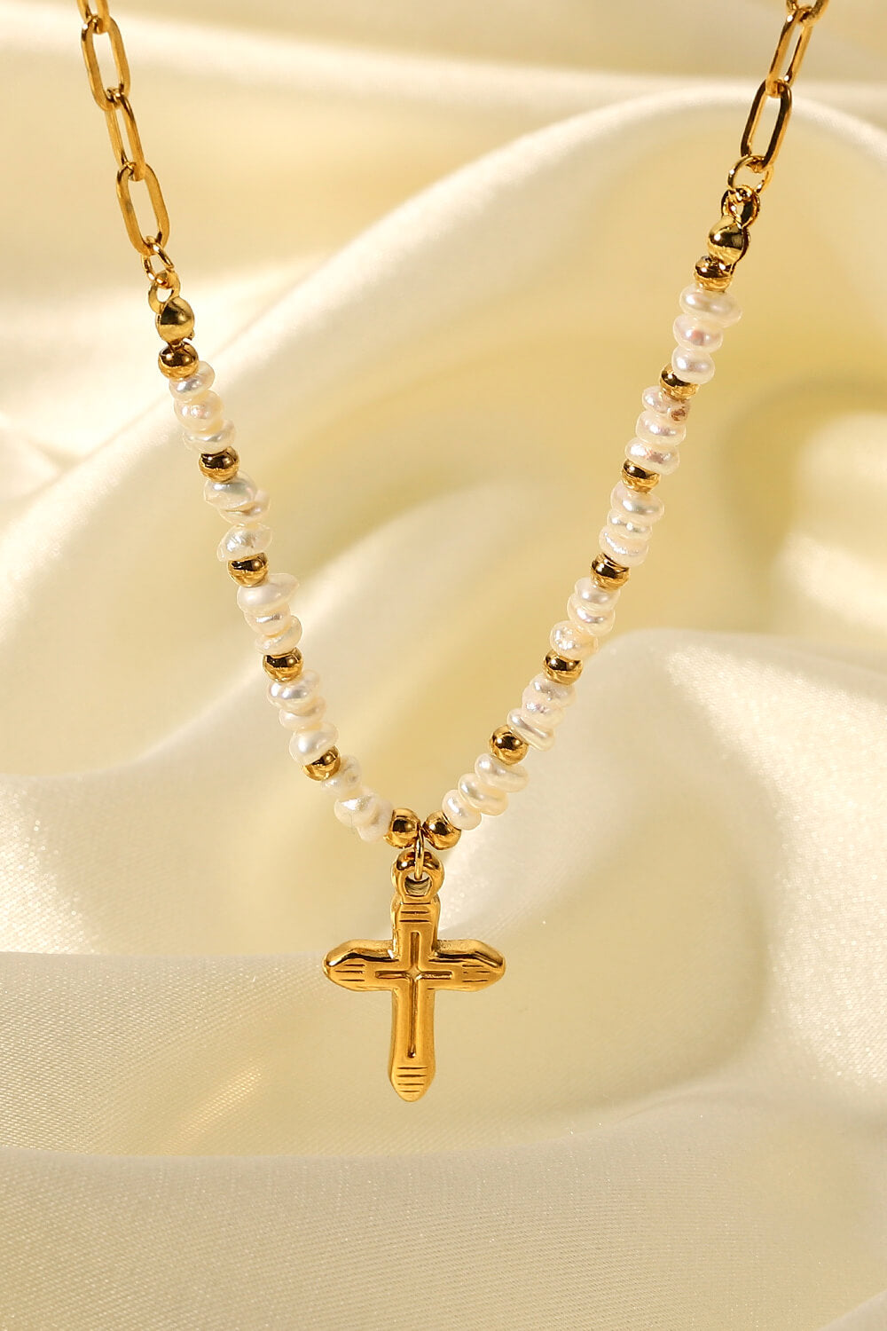 18K Stainless Steel Pearl Cross Pendant Necklace