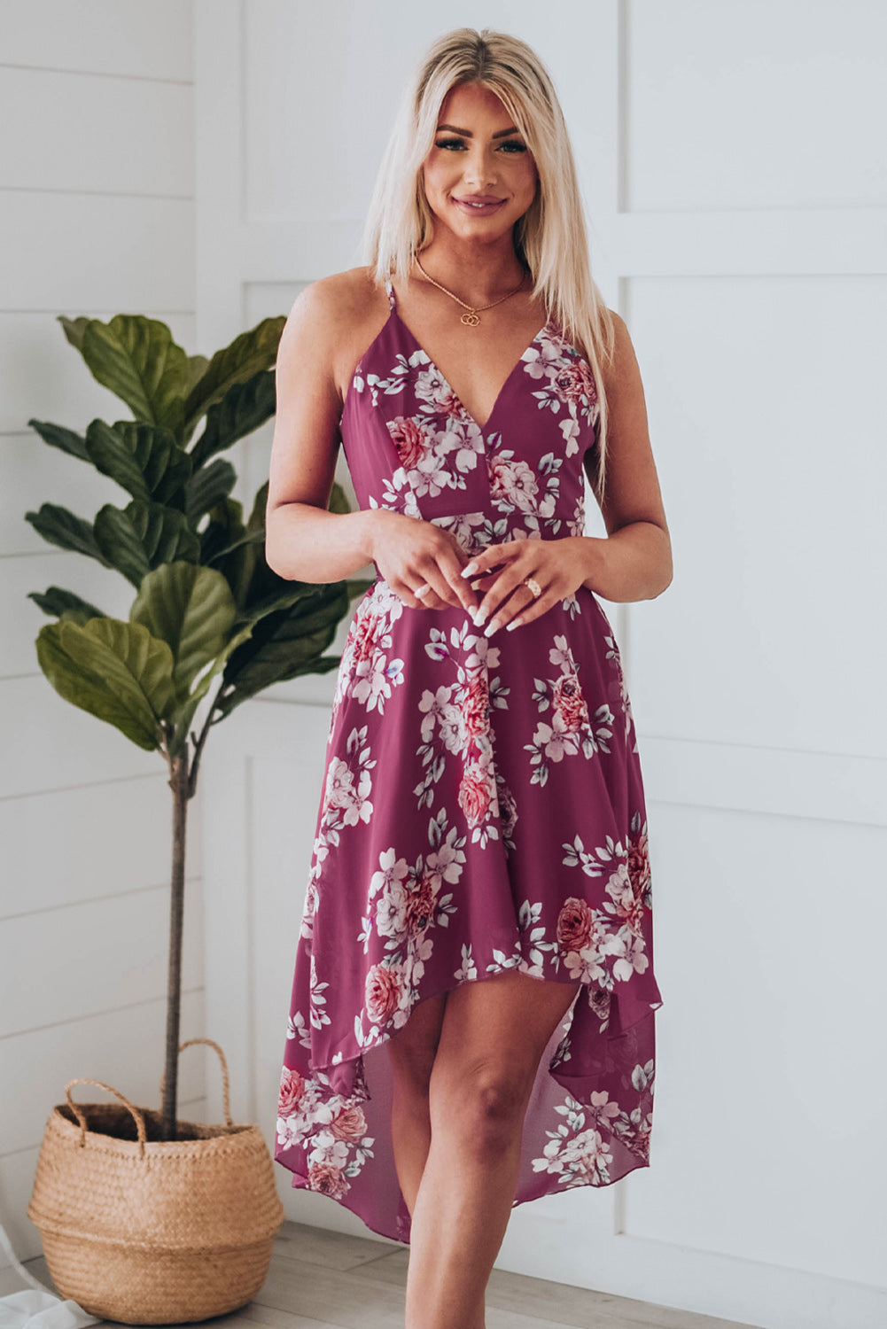 Floral Cutout High-Low Lace Back Dress