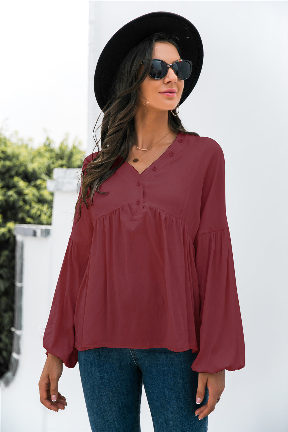 Button Detail Lantern Sleeve Peplum Top - Absolute Fashion 2020