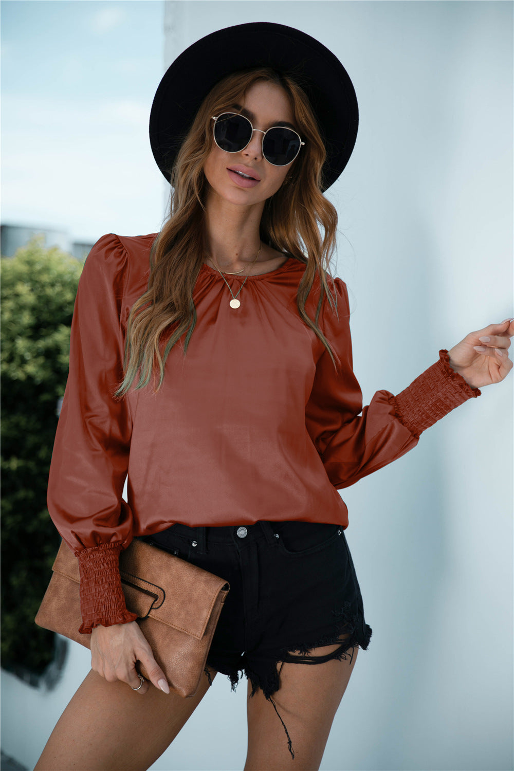 Ruched Round Neck Keyhole Back Blouse - Absolute Fashion 2020