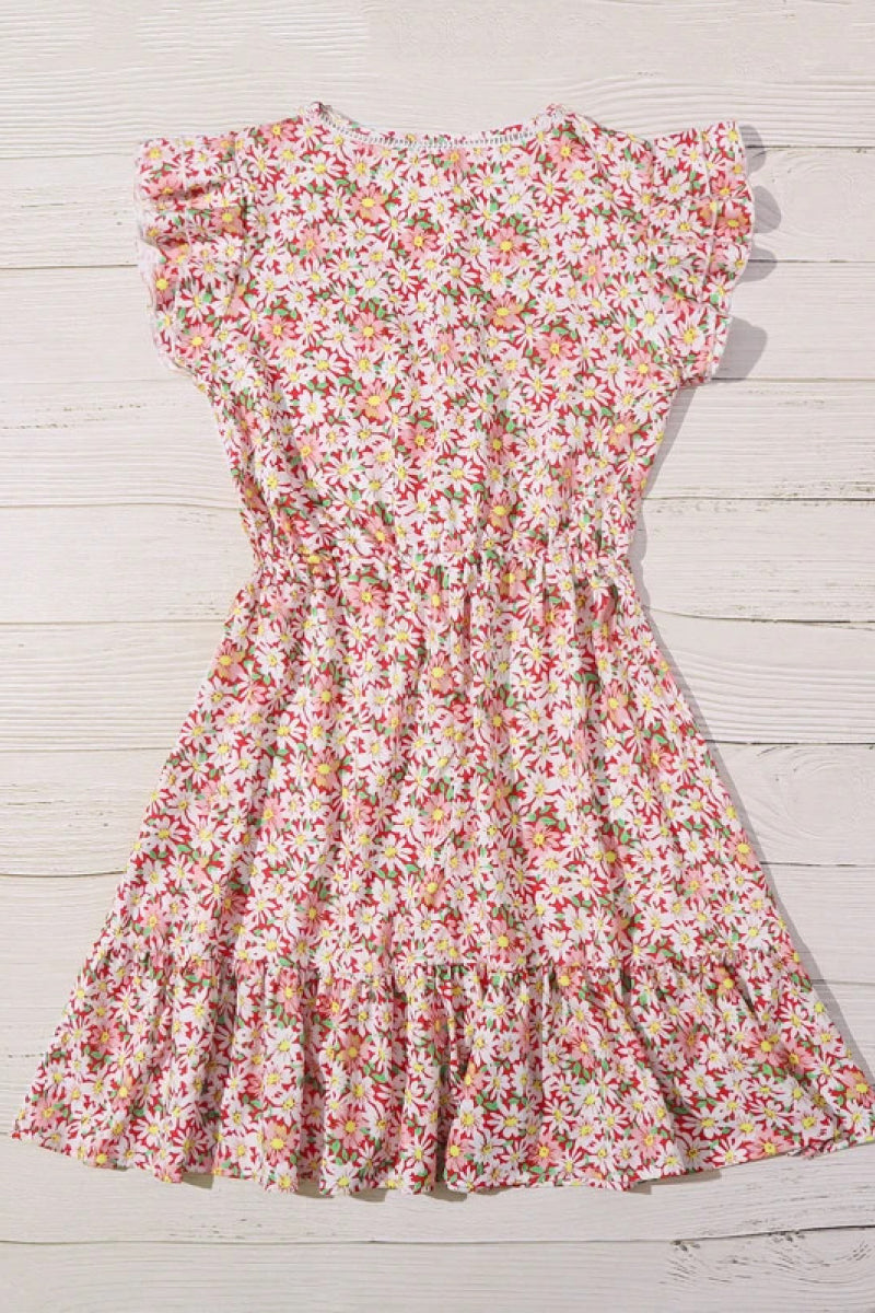 Floral V Neck Tie Waist Pleated Dress - Absolute Fashion 2020