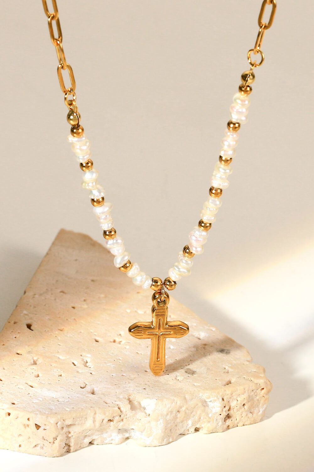18K Stainless Steel Pearl Cross Pendant Necklace