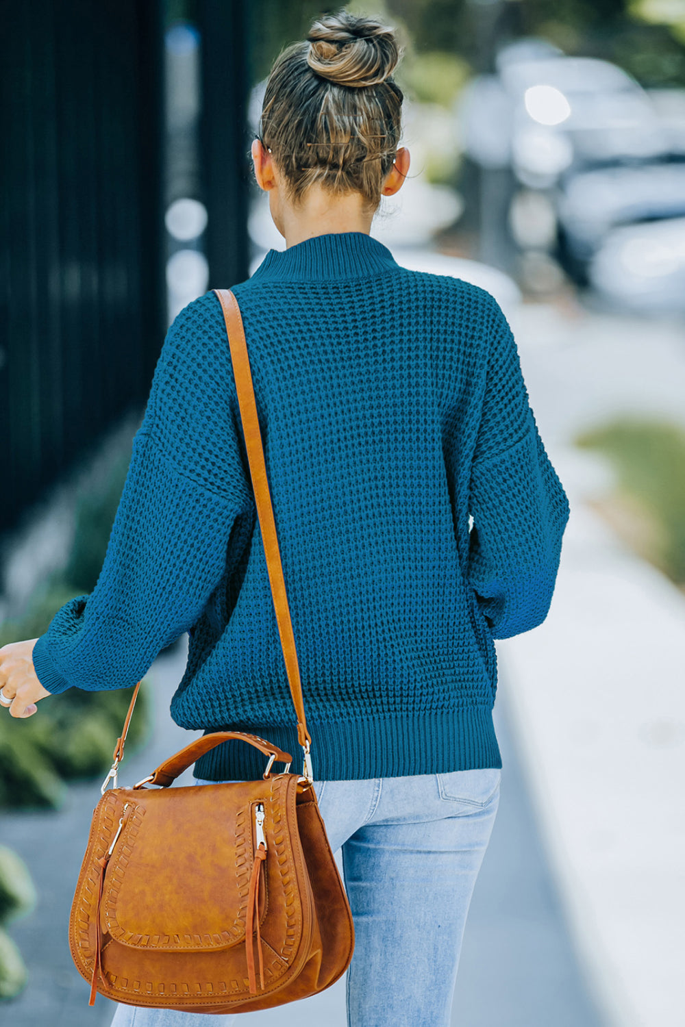 Ribbed Detail Mock Neck Waffle Sweater - Absolute Fashion 2020