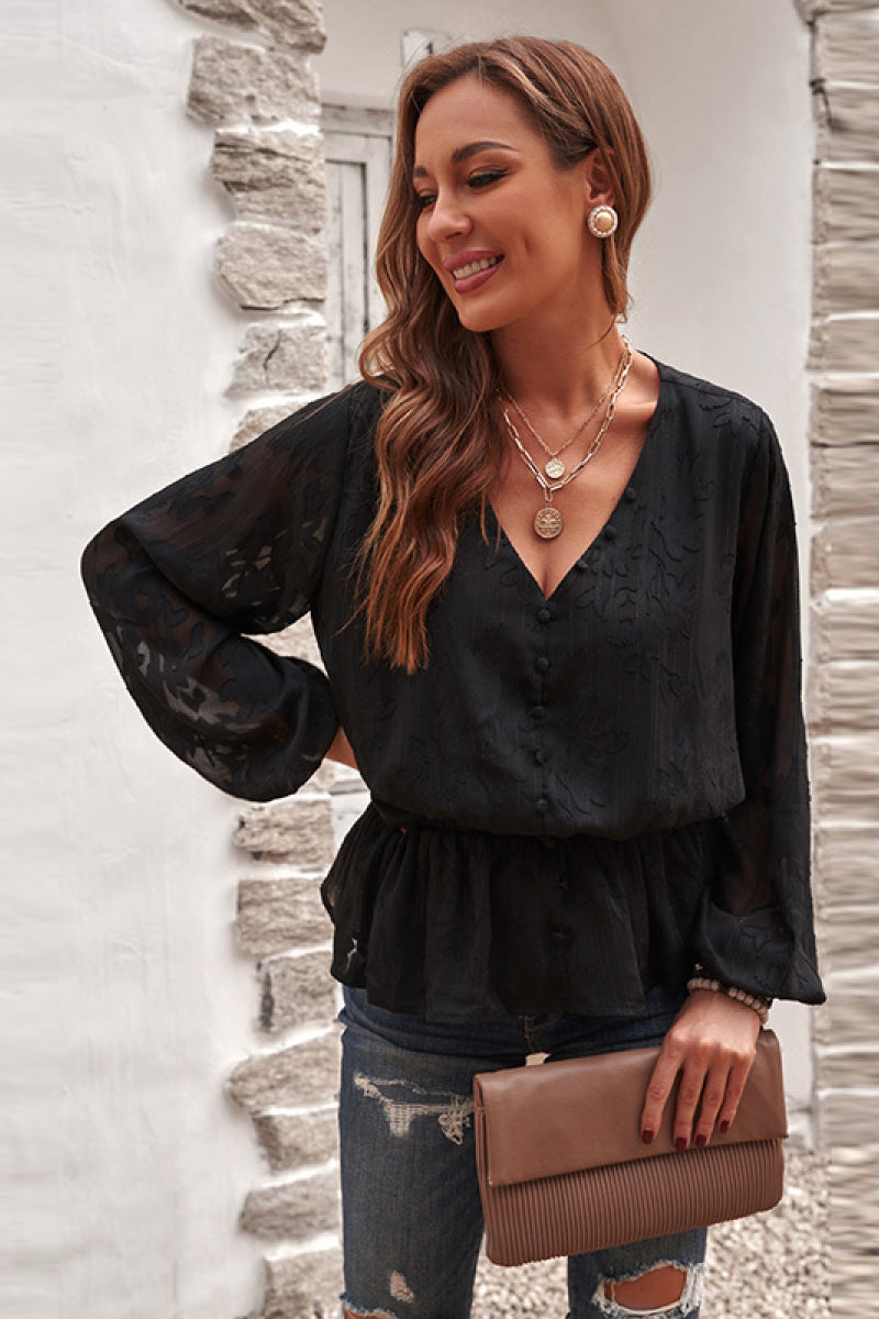 Floral Jacquard Buttoned Long Sleeve Blouse - Absolute Fashion 2020