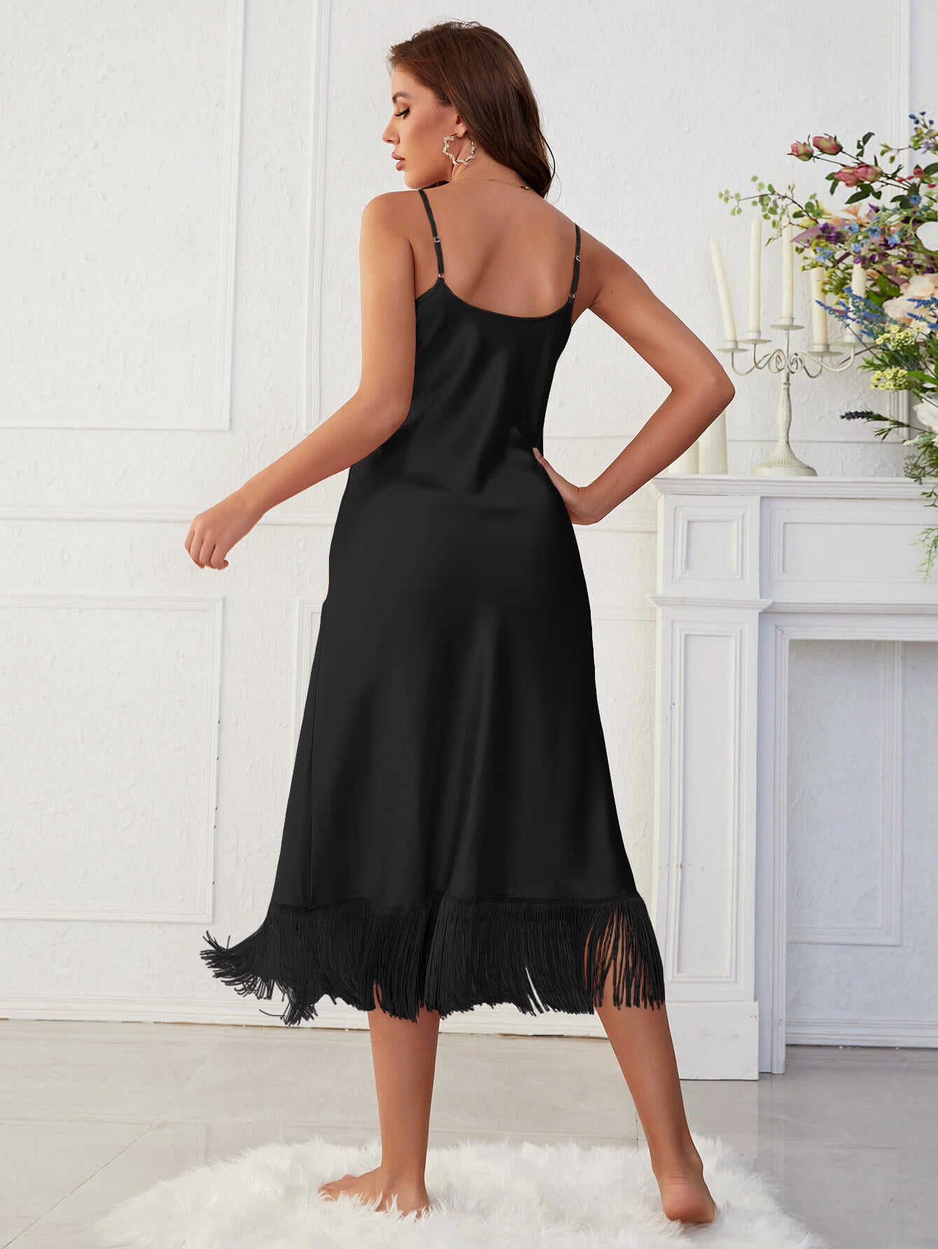 Spaghetti Strap V-Neck Ruffle Hem Satin Night Dress