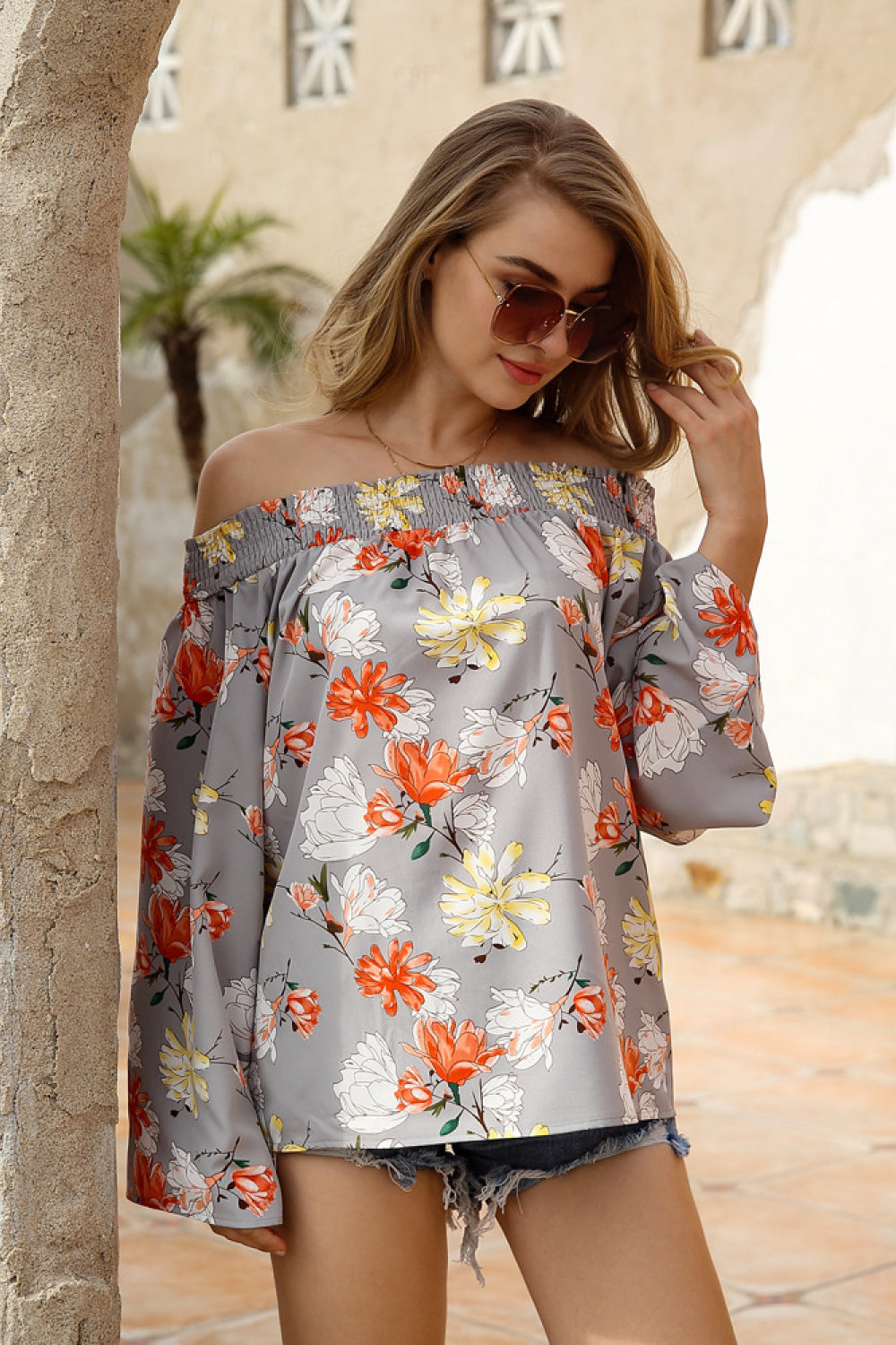 Floral Off-shoulder Long-sleeve Printed Shirt