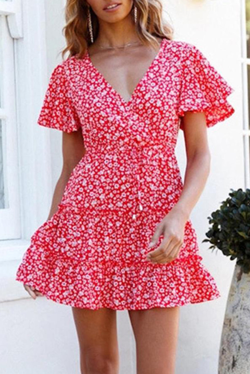 Floral V-Neck Layered Ruffled Dress - Absolute Fashion 2020
