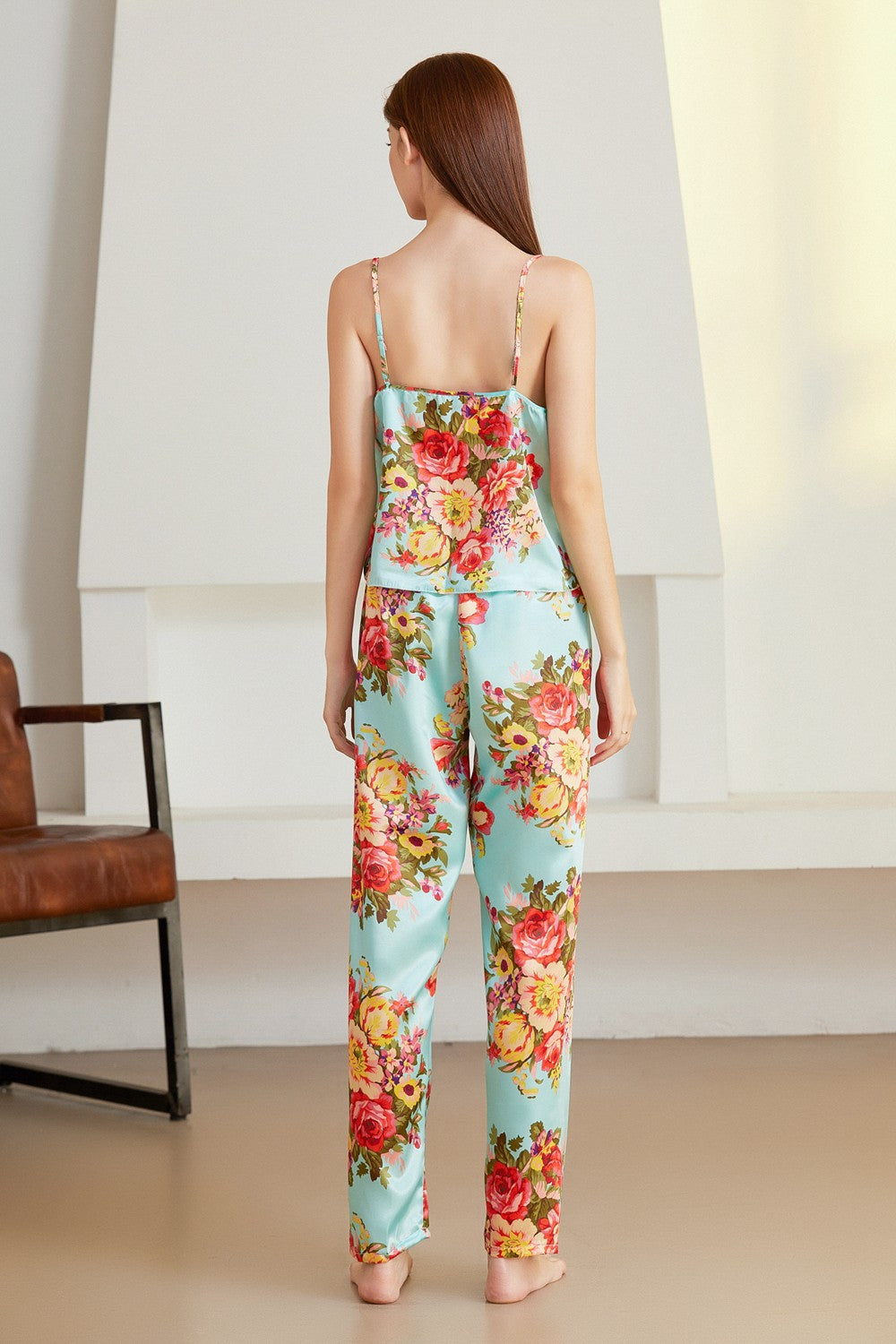 Floral V-Neck Satin Cami and Pants Pajama Set