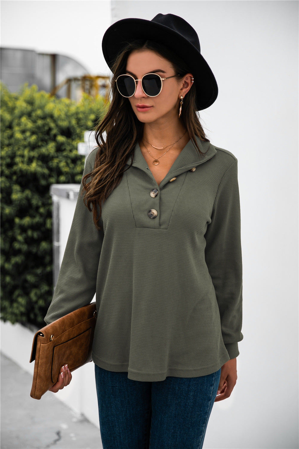 Button Lapel Collar Half Placket Top - Absolute Fashion 2020