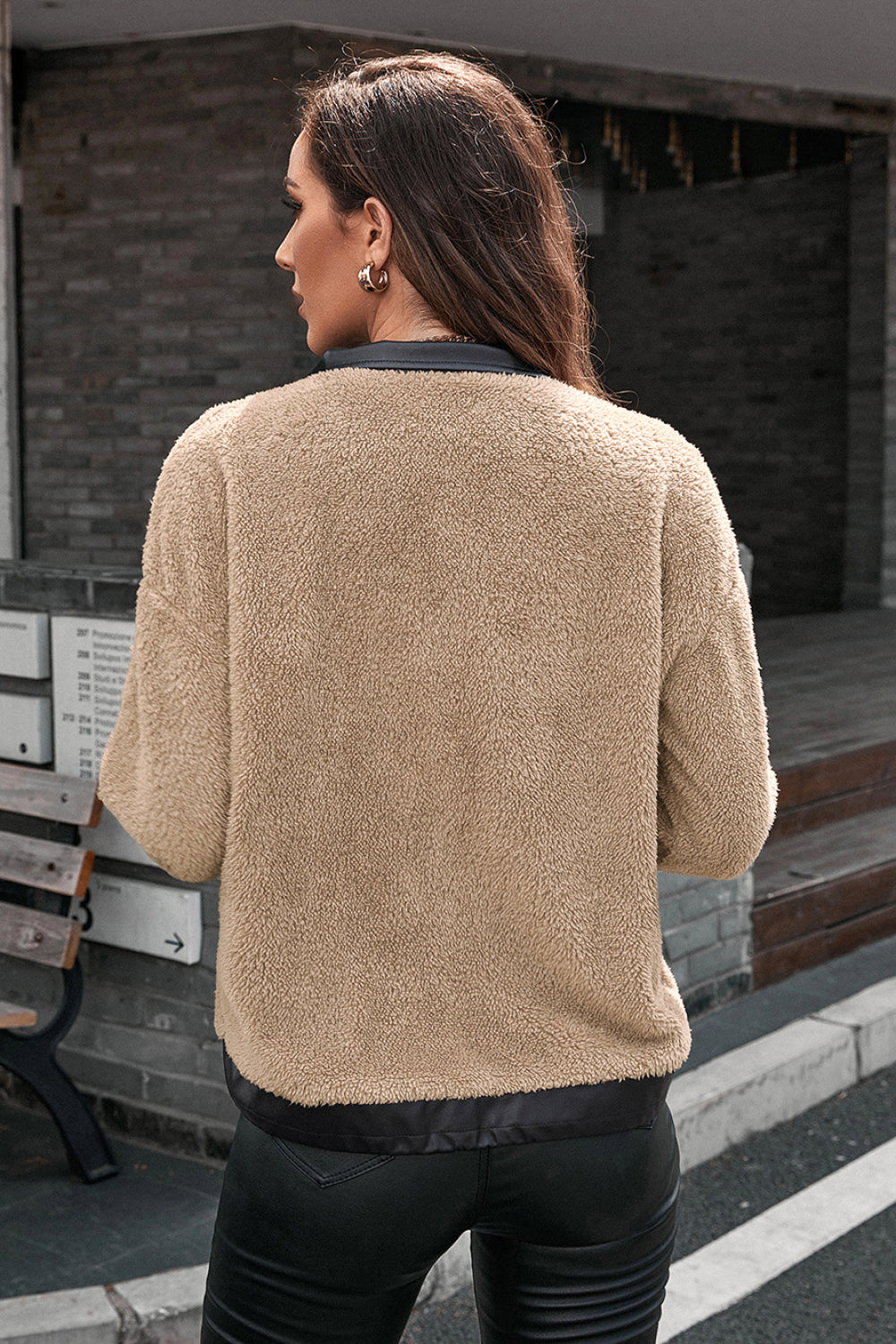 Faux Leather Collar Zipper Teddy Jacket - Absolute Fashion 2020