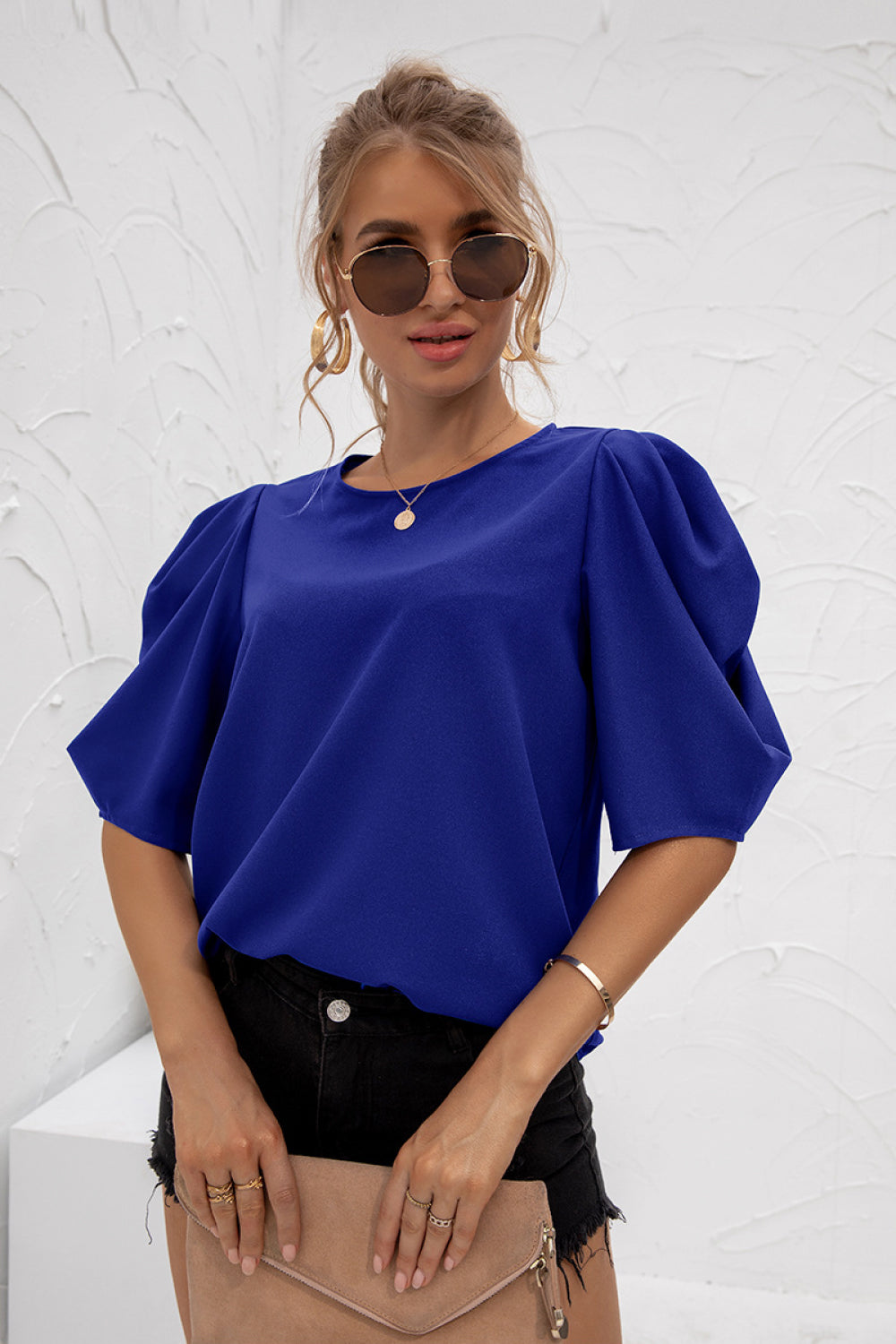 Puff Sleeve Round Neck Chiffon Top - Absolute Fashion 2020