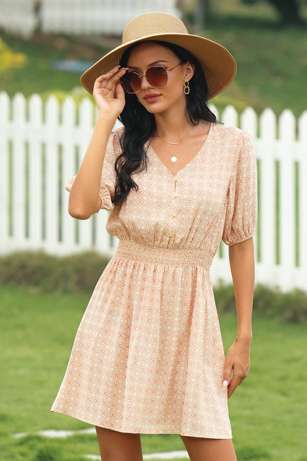 Printed V-neckline Tie Waist Dress