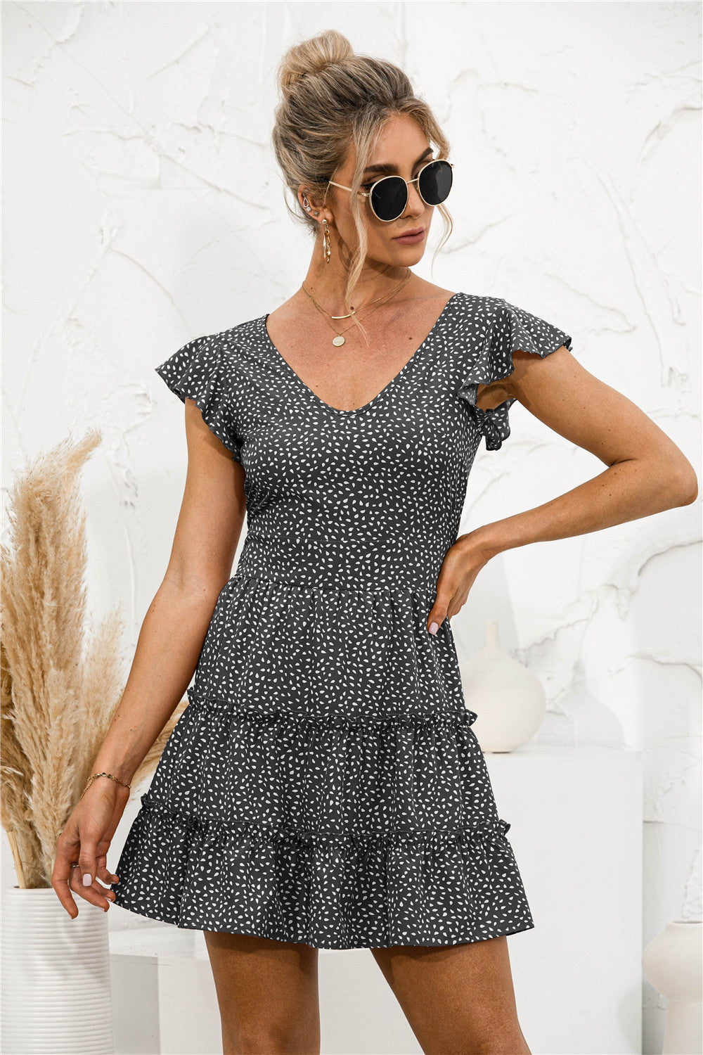 Frill Trim Layered Hem V-neck Dress - Absolute Fashion 2020