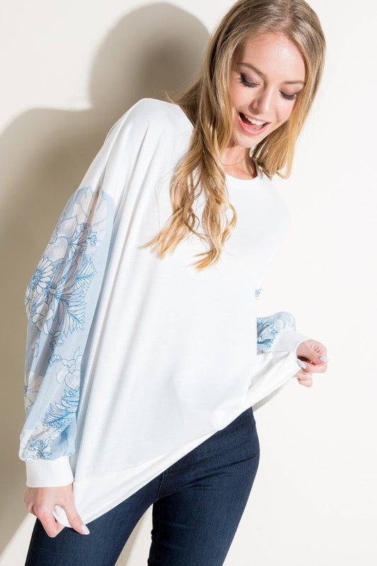 Floral Print Solid Mixed Volume Sleeve Top