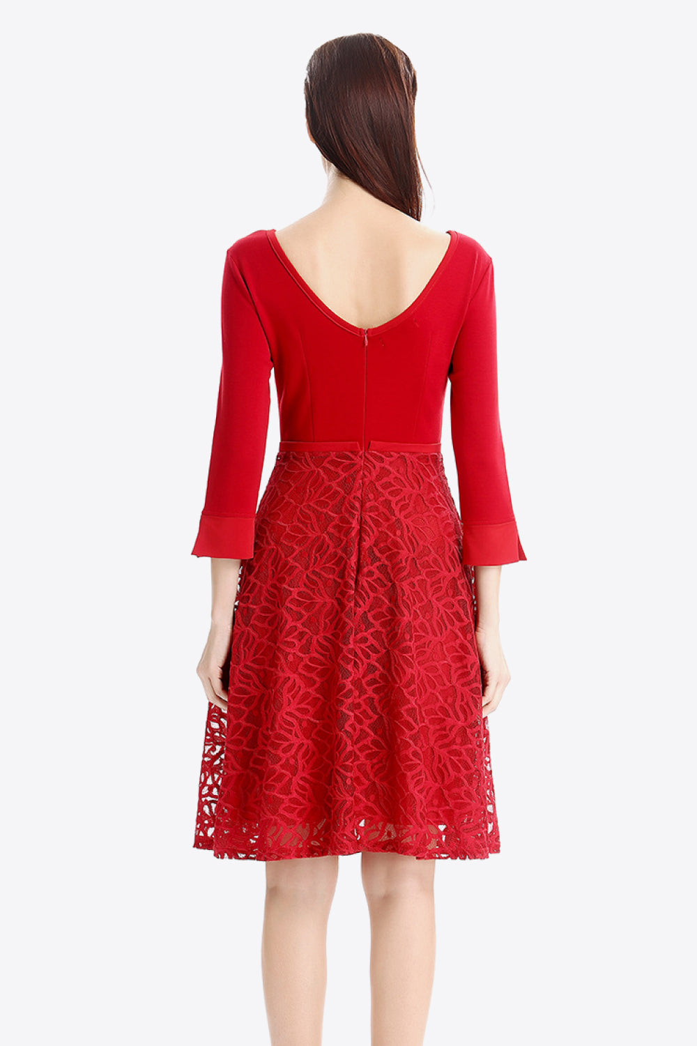 Full Size Three-Quarter Sleeve Spliced Lace Dress