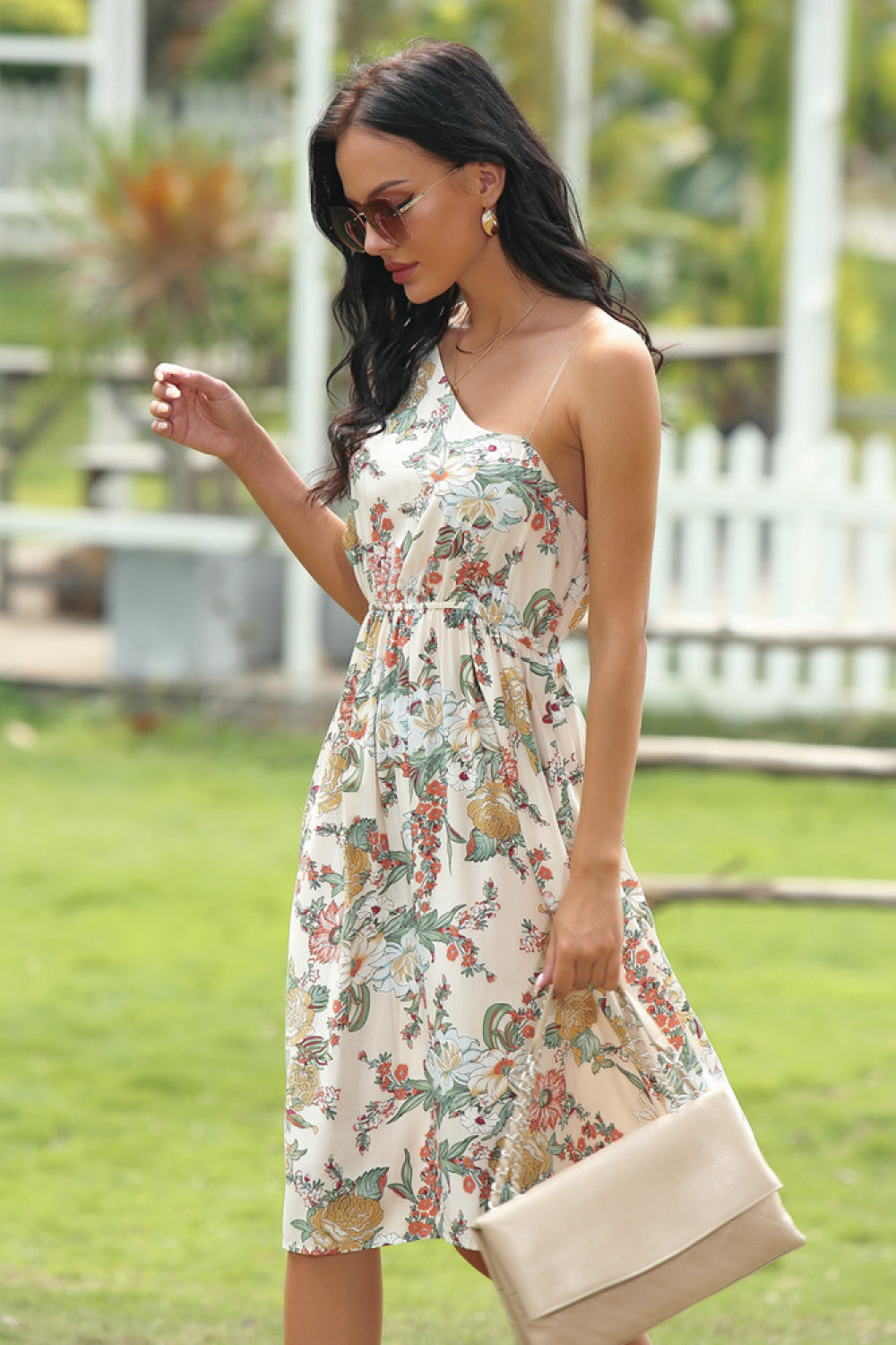 Floral Print Asymmetrical-neck Tie-waist Dress