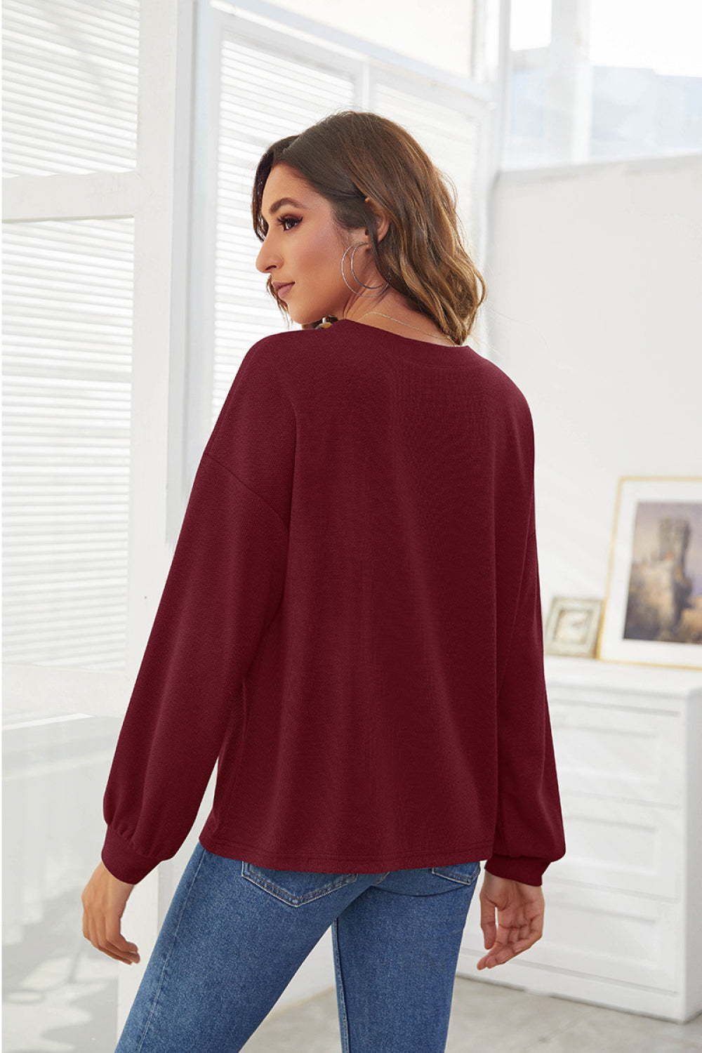 Button Trim V-Neck Knitted Pullover