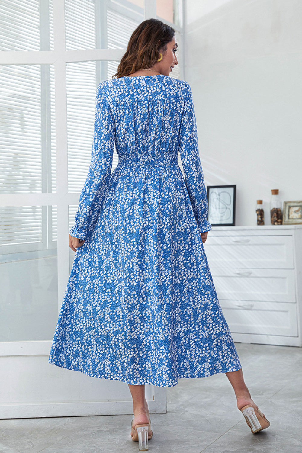 Floral Split Neck Slit Midi Dress