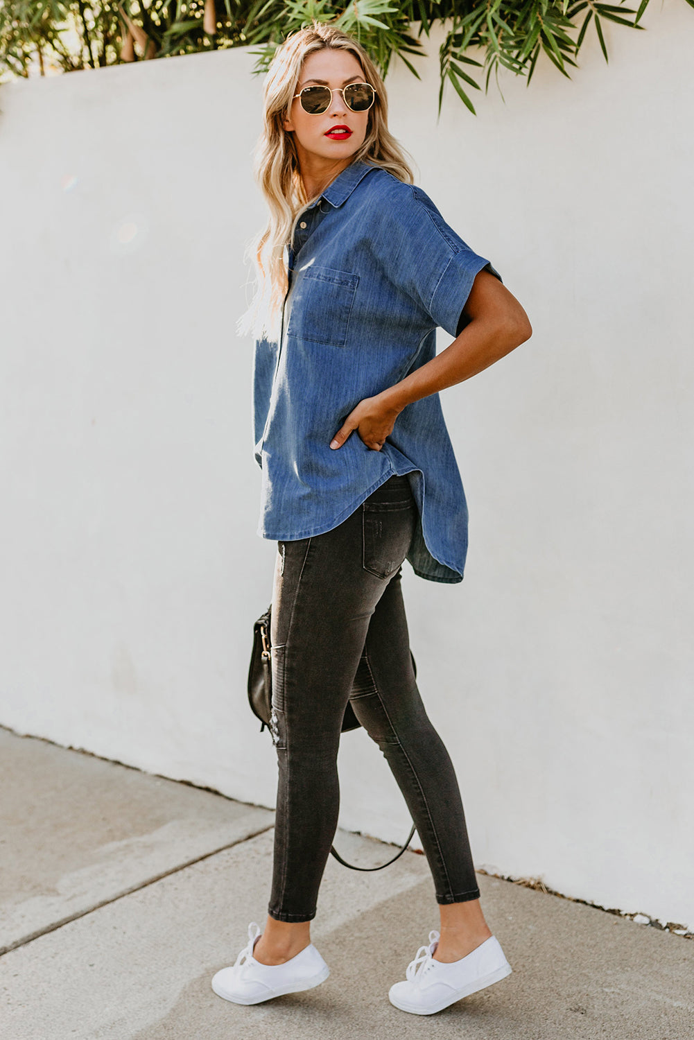 Collar Short Sleeve Denim Shirt - Absolute Fashion 2020