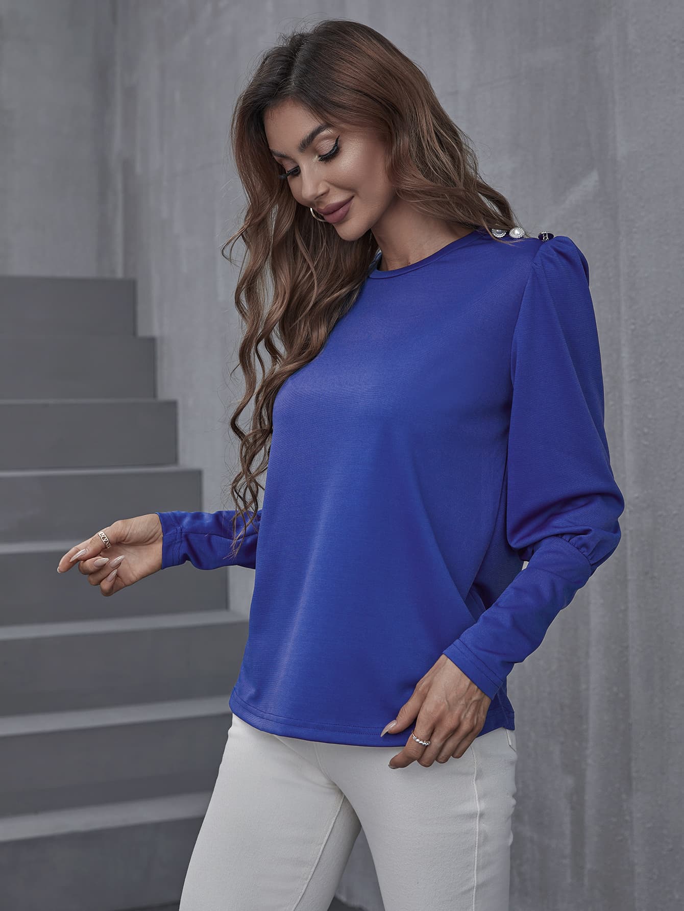 Decorative Button Lantern Sleeve Crewneck Top