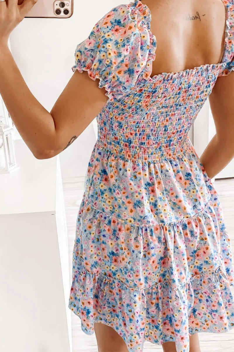 Square Neck Shirred Ruffle Hem Mini Dress - Absolute Fashion 2020
