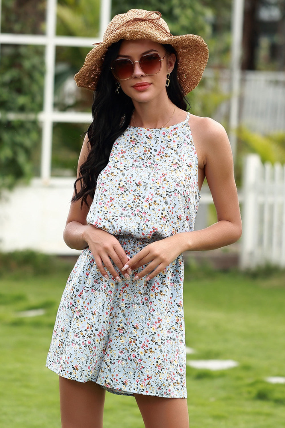 Ditsy Print Halter Jumpsuit