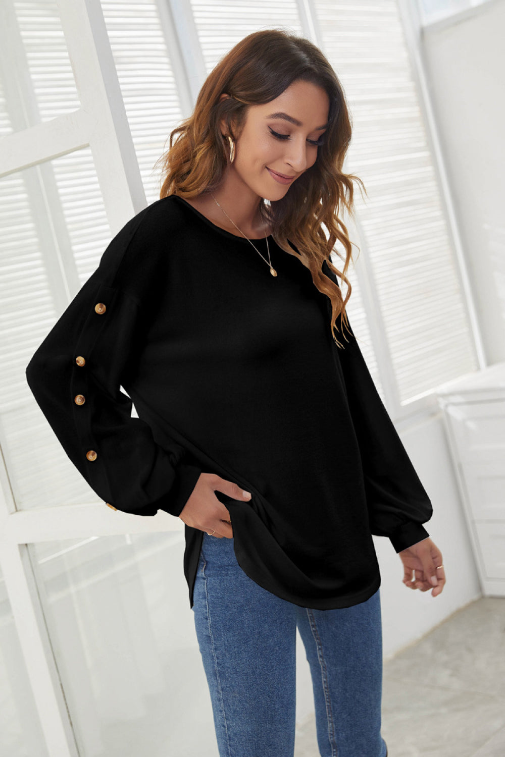 Boat Neck Long Puff Sleeve Top