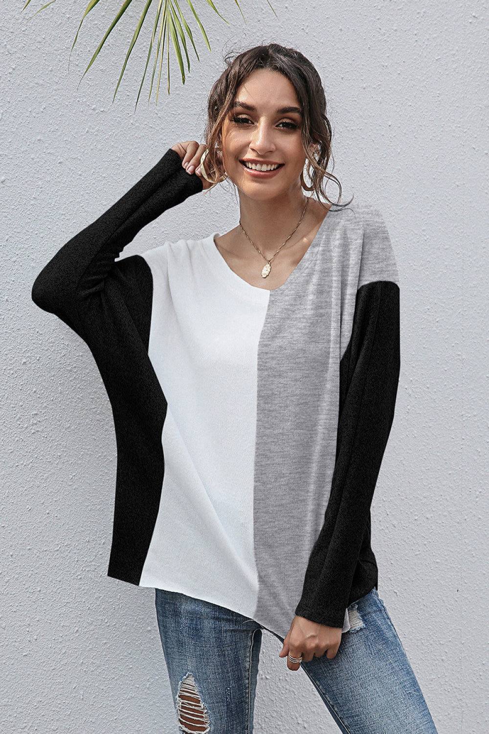 Color Block Patch V-Neck Top - Absolute Fashion 2020