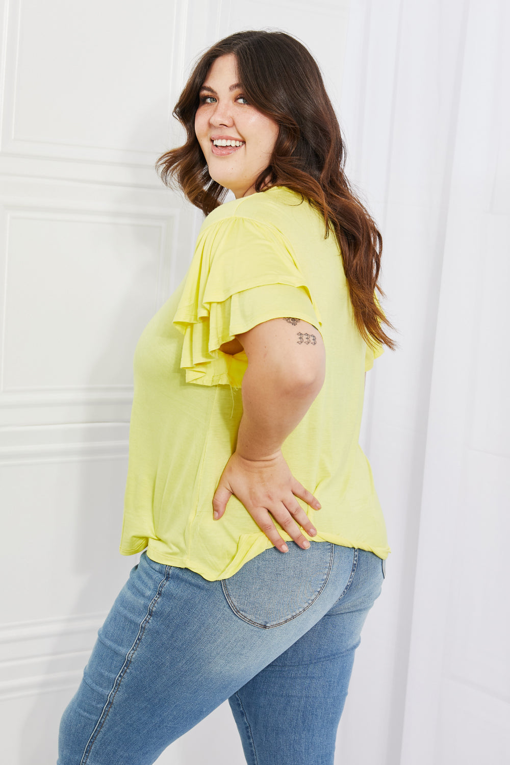 Culture Code Mi Amor Full Size Round Neck Ruffle sleeve length Top in Yellow