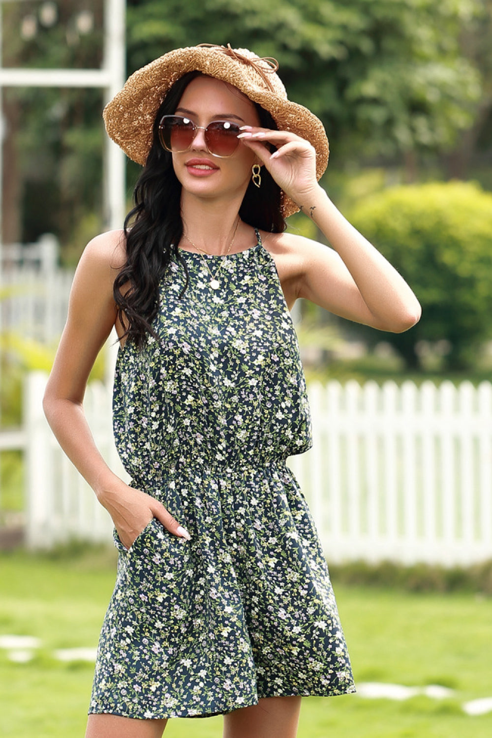 Ditsy Print Halter Jumpsuit