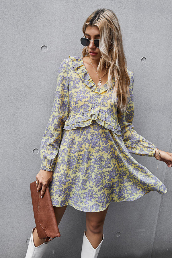 Dainty Floral Ruffled V-Neck Dress - Absolute Fashion 2020