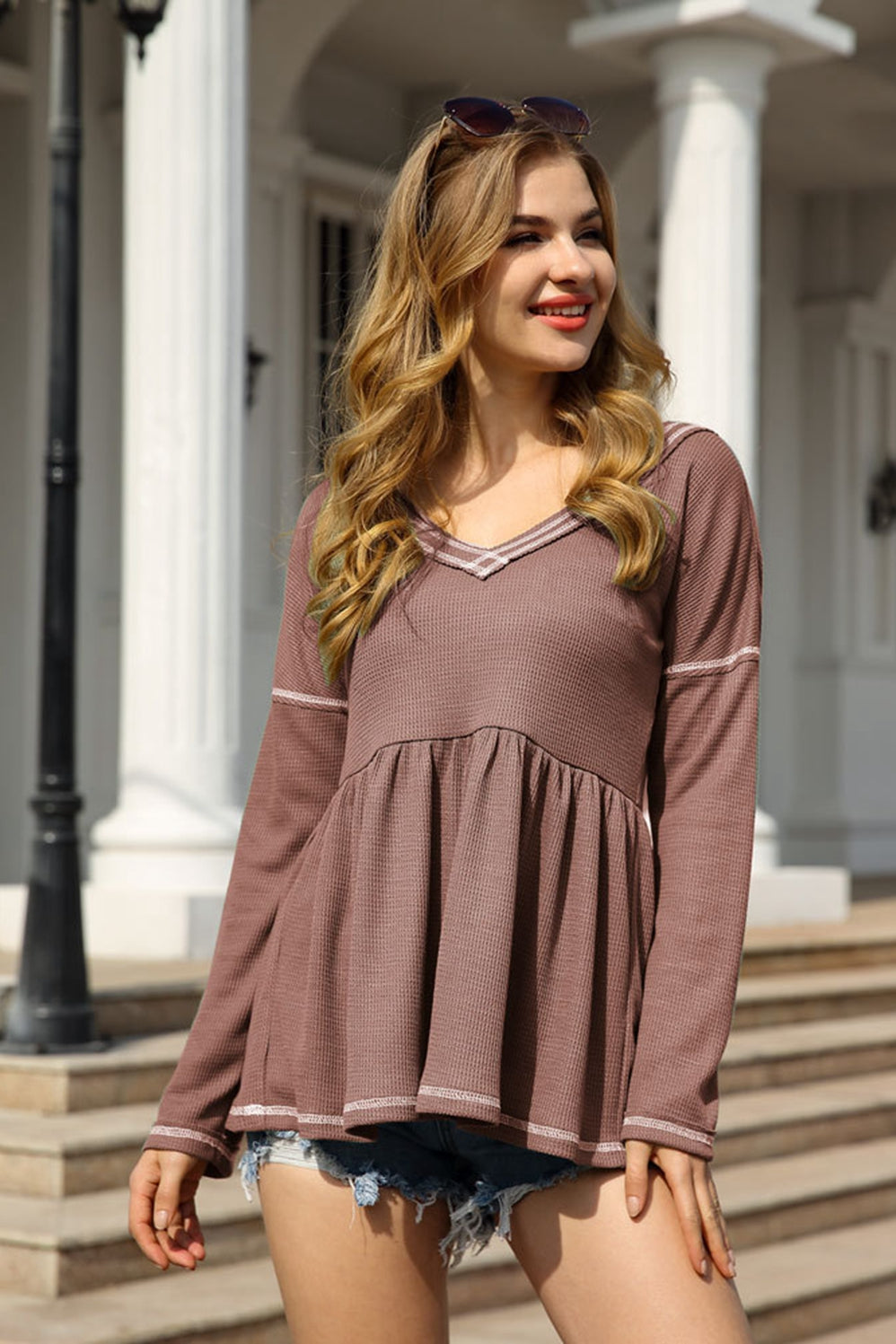 V-neck long-sleeved top