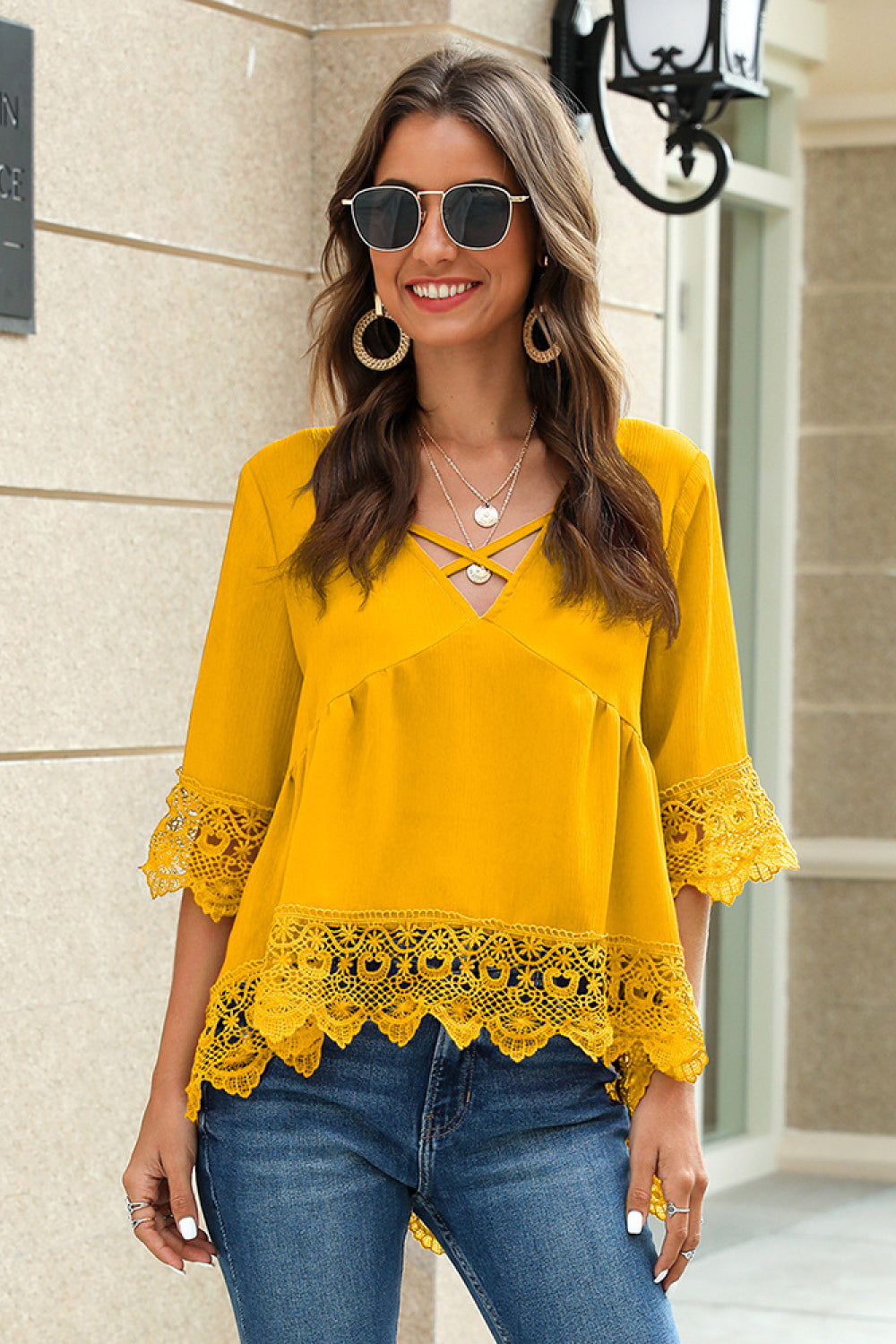 Criss Cross Neck Lace Hem Blouse - Absolute Fashion 2020