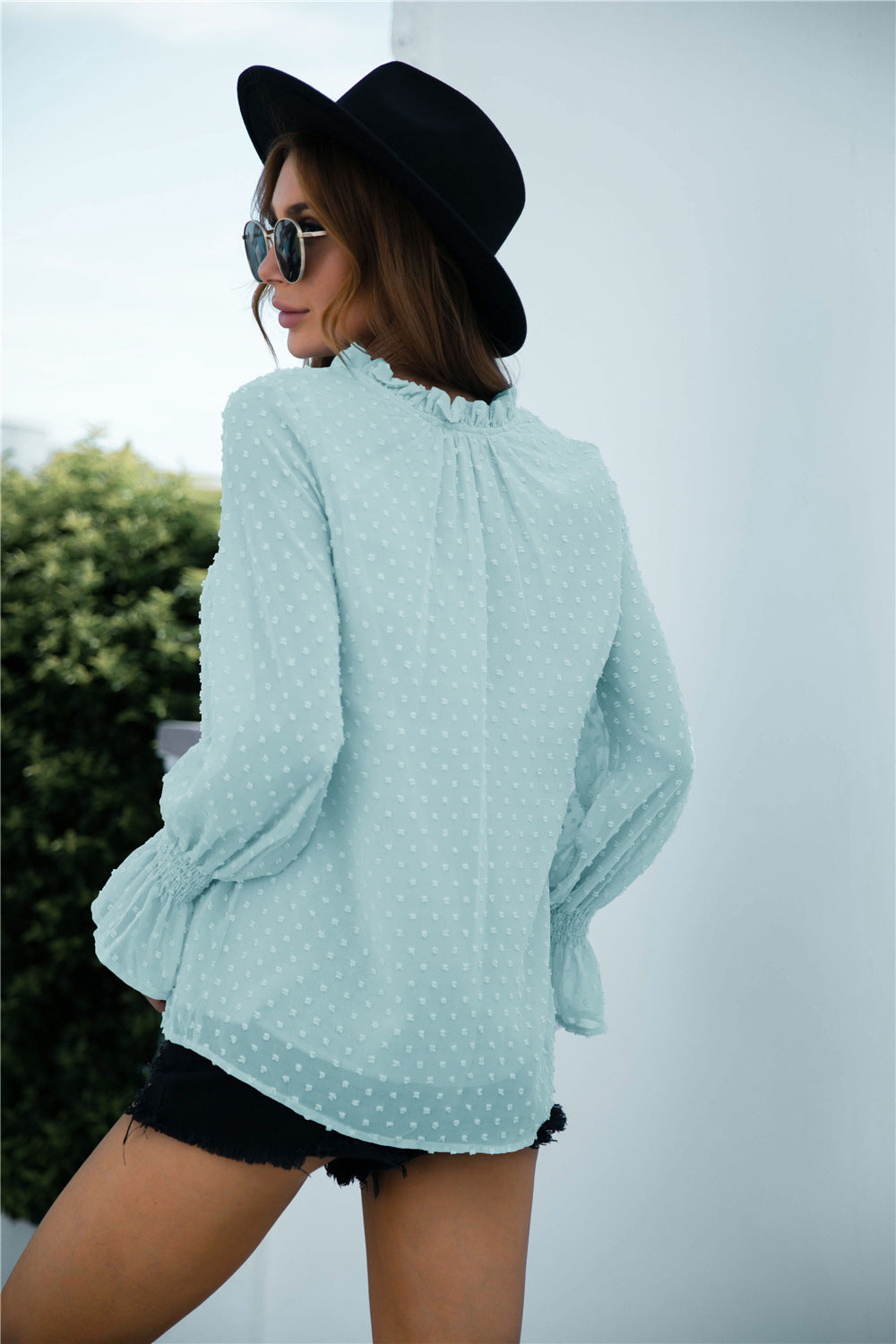 Swiss Dot Flounce Shirred Cuff Blouse - Absolute Fashion 2020