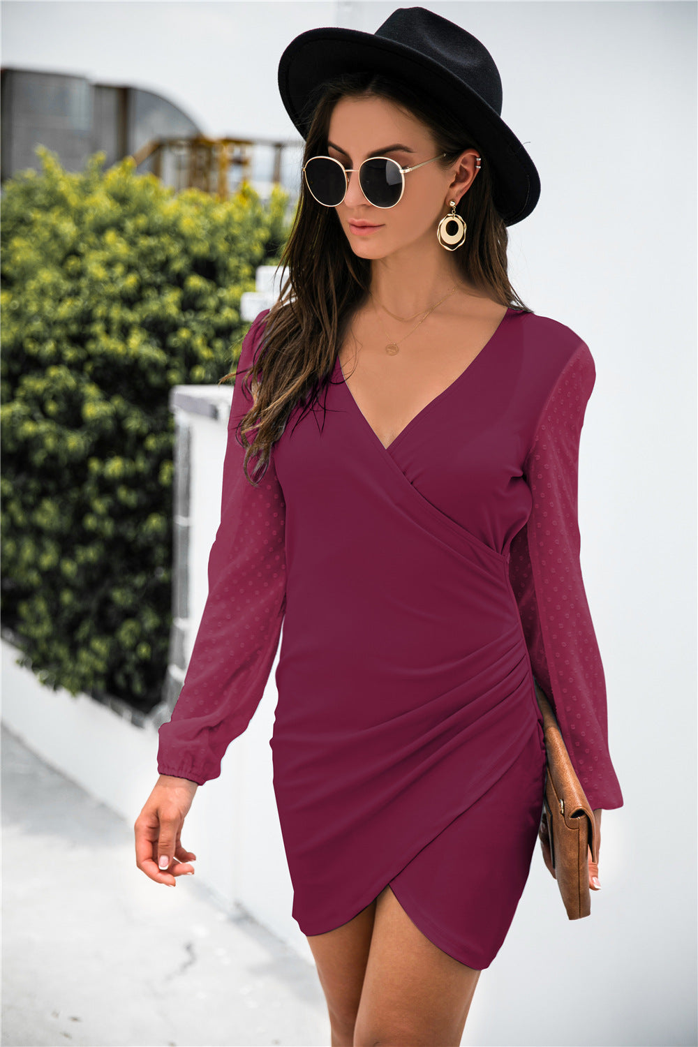 Contrast Mesh Sleeve Wrap Front Dress - Absolute Fashion 2020