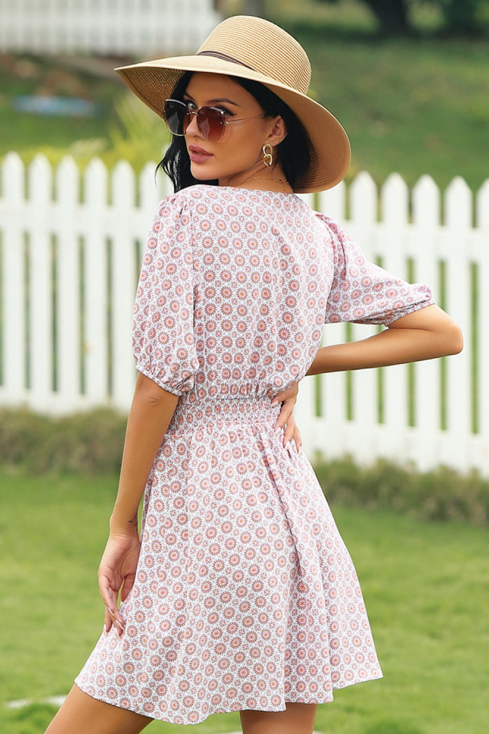 Printed V-neckline Tie Waist Dress