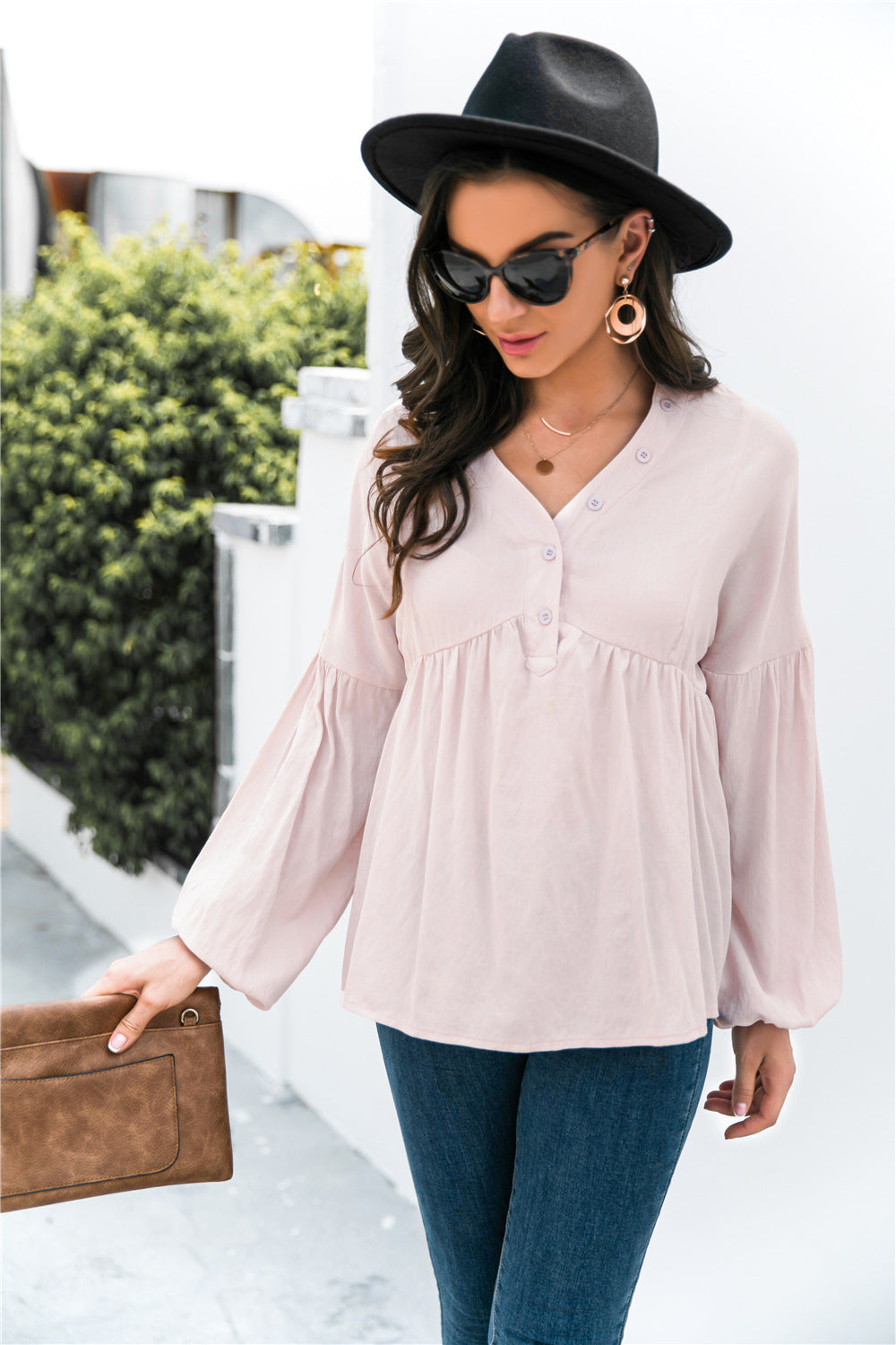 Button Detail Lantern Sleeve Peplum Top - Absolute Fashion 2020
