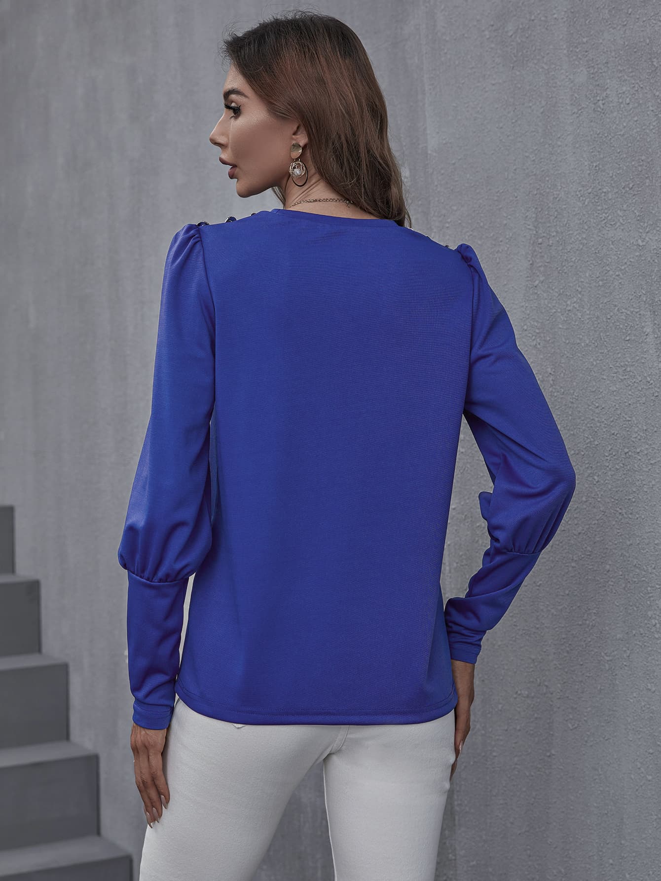 Decorative Button Lantern Sleeve Crewneck Top