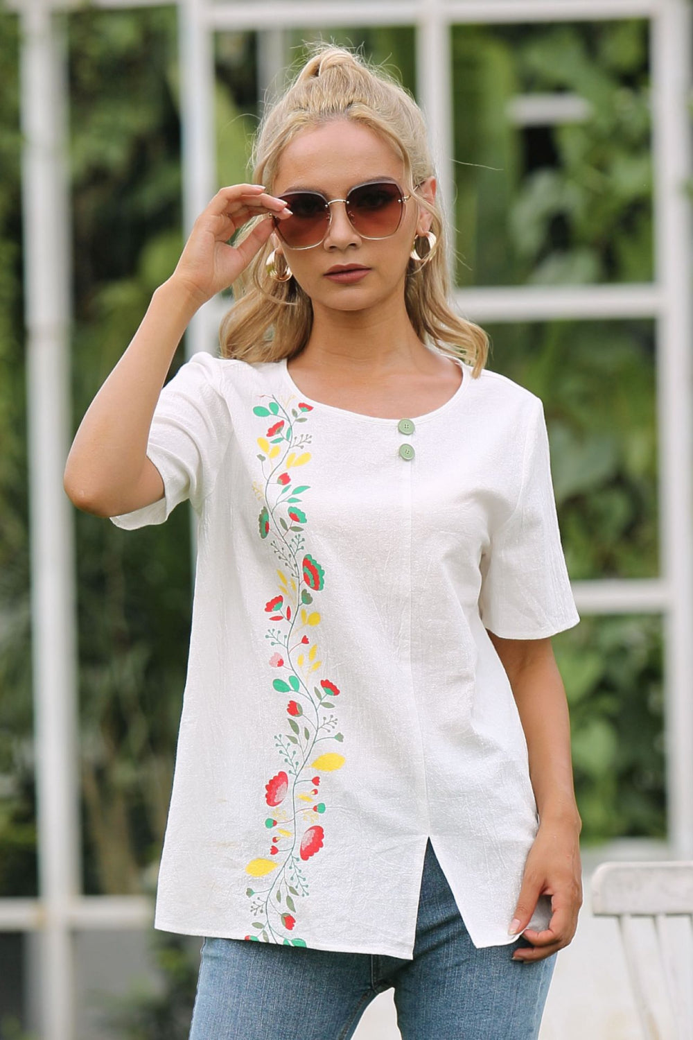Floral Short Sleeve Slit Top