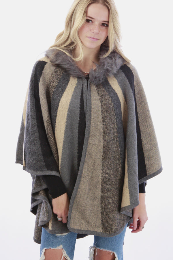 Faux Fur Collar Poncho