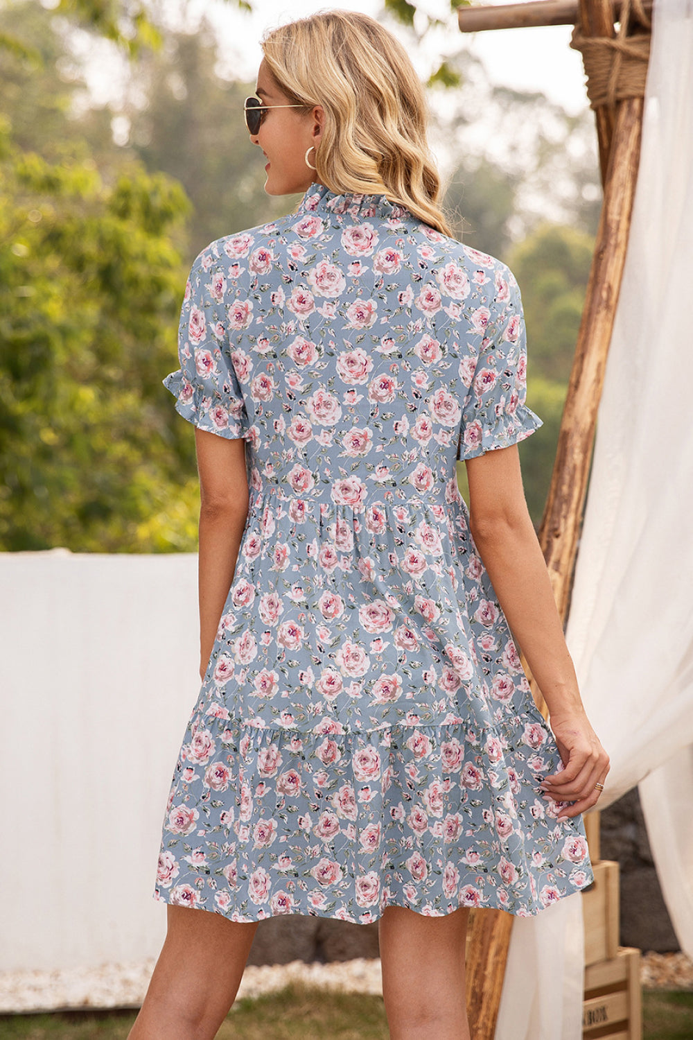 Floral Ruffle Trim Tie-Neck Dress - Absolute Fashion 2020