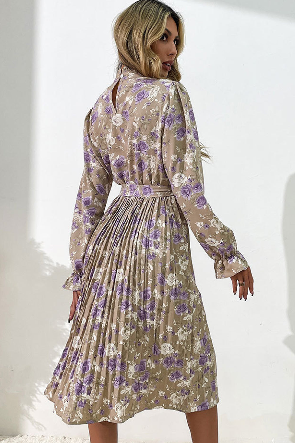 Floral Tie Waist Pleated Dress