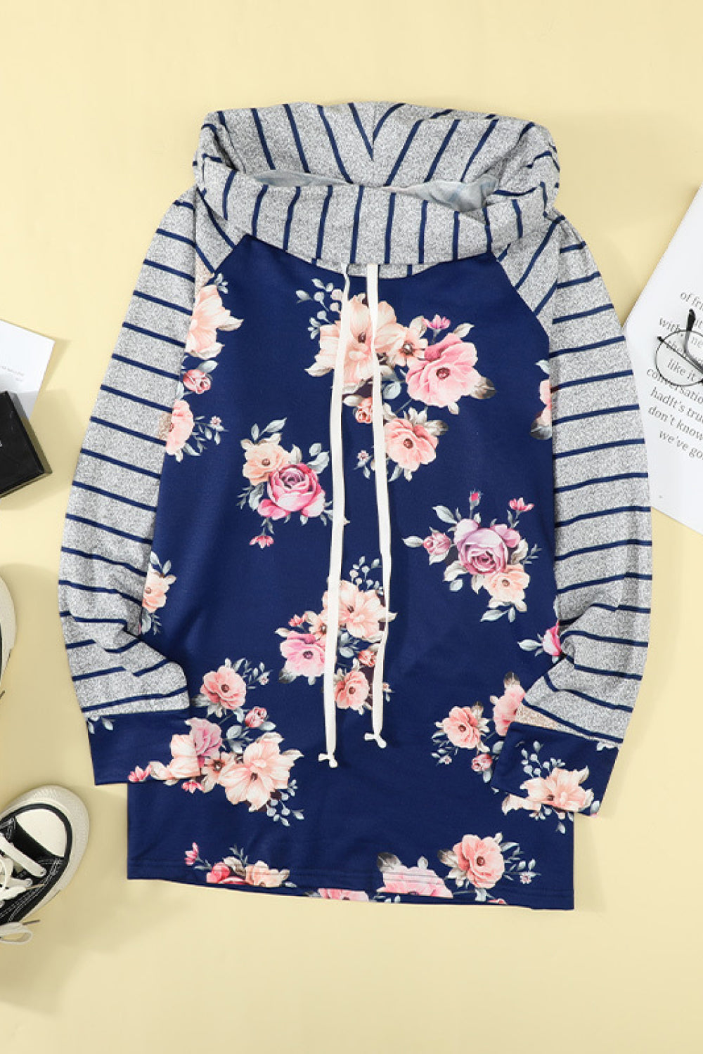Striped Floral Print Hooded Tee - Absolute Fashion 2020