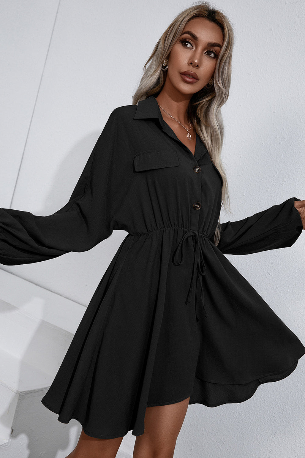 Collared Tie Waist Button Up Shirt Dress - Absolute Fashion 2020