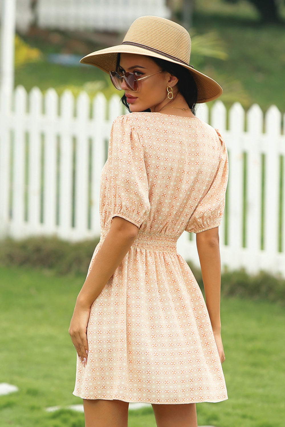 Printed V-neckline Tie Waist Dress